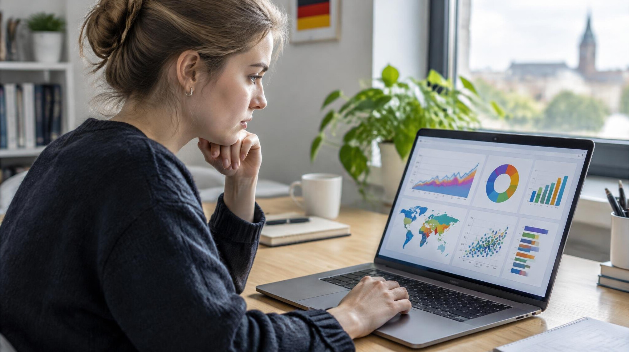 Researcher analyzing data visualizations on a laptop screen