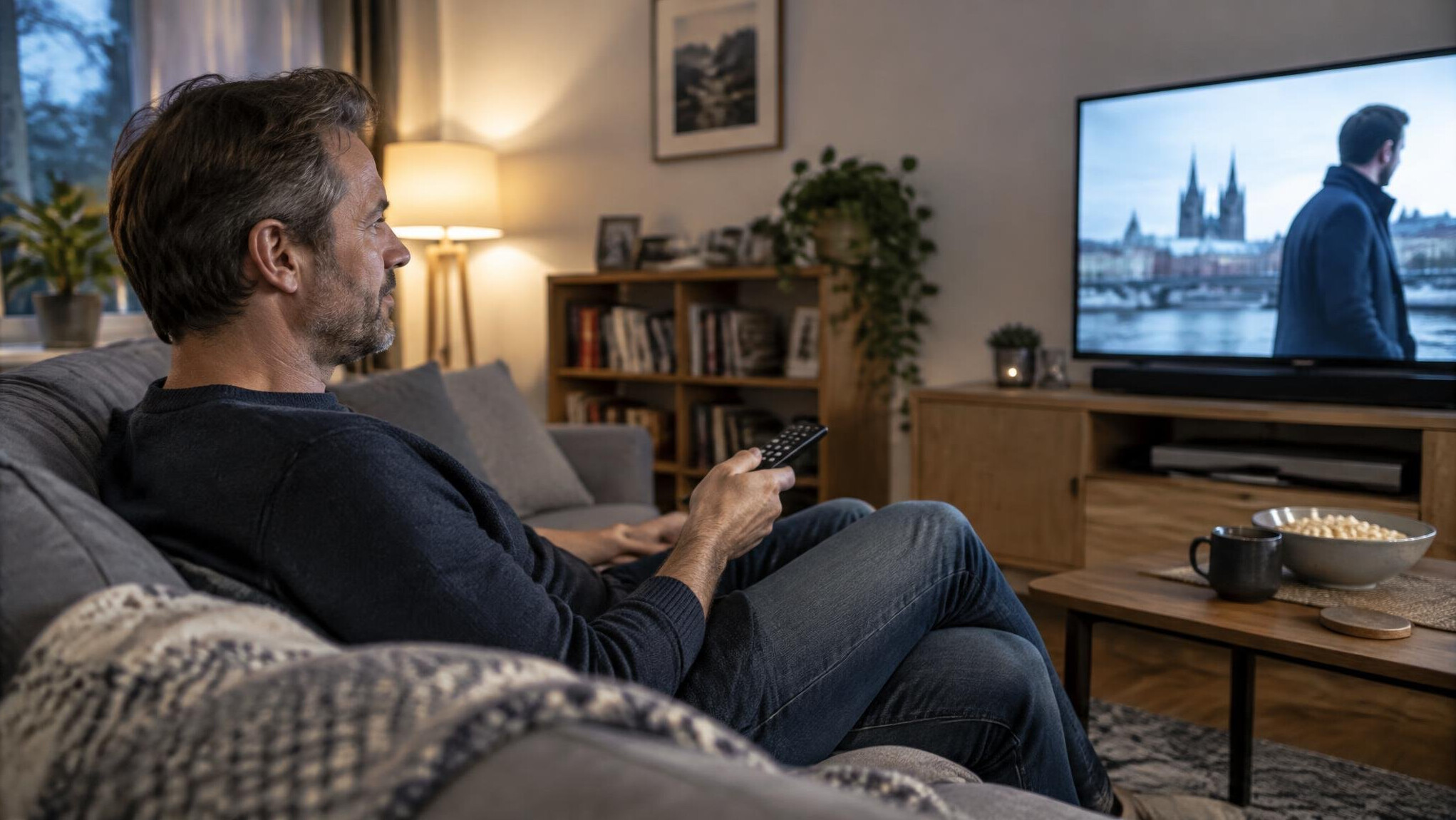 Person watching television in a living room representing media consumption