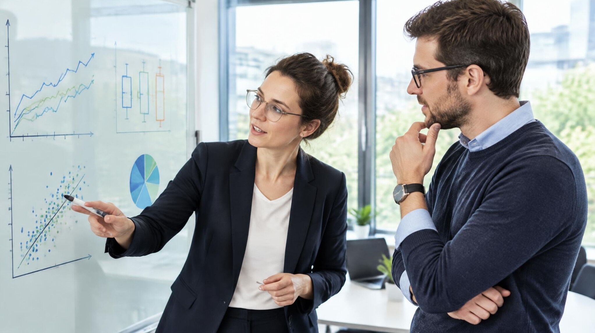Researchers discussing printed statistical charts at a whiteboard