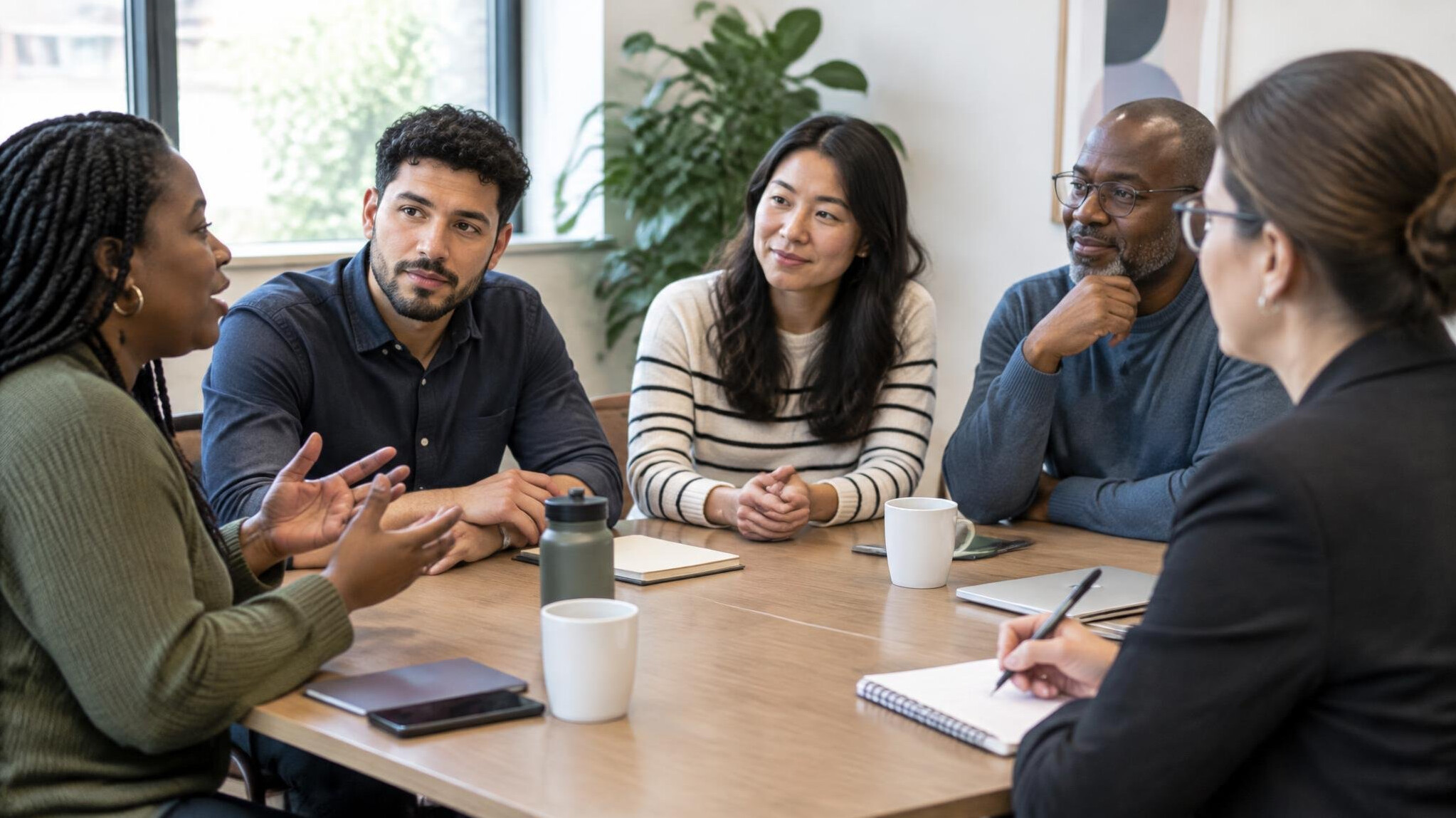Focus group discussion around a table representing audience research