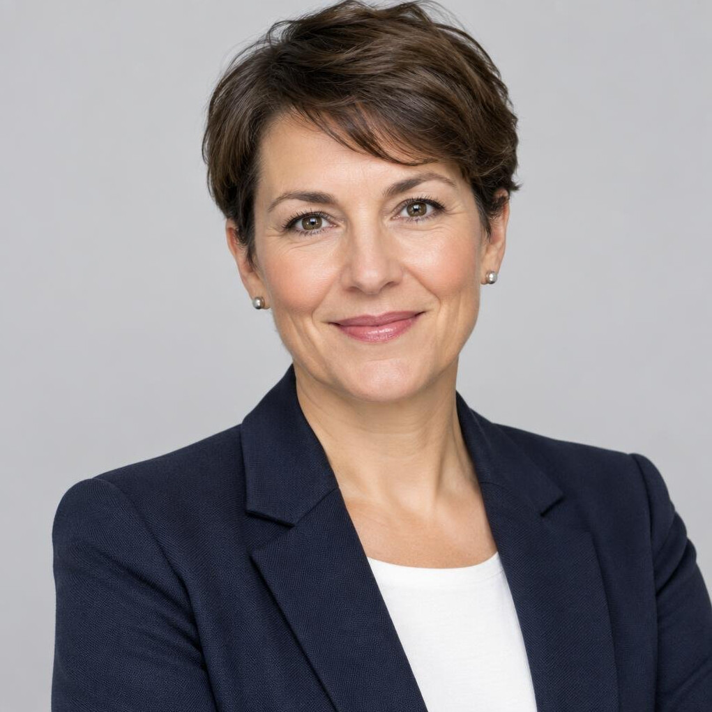 Studio portrait of a woman in her 40s with short brown hair