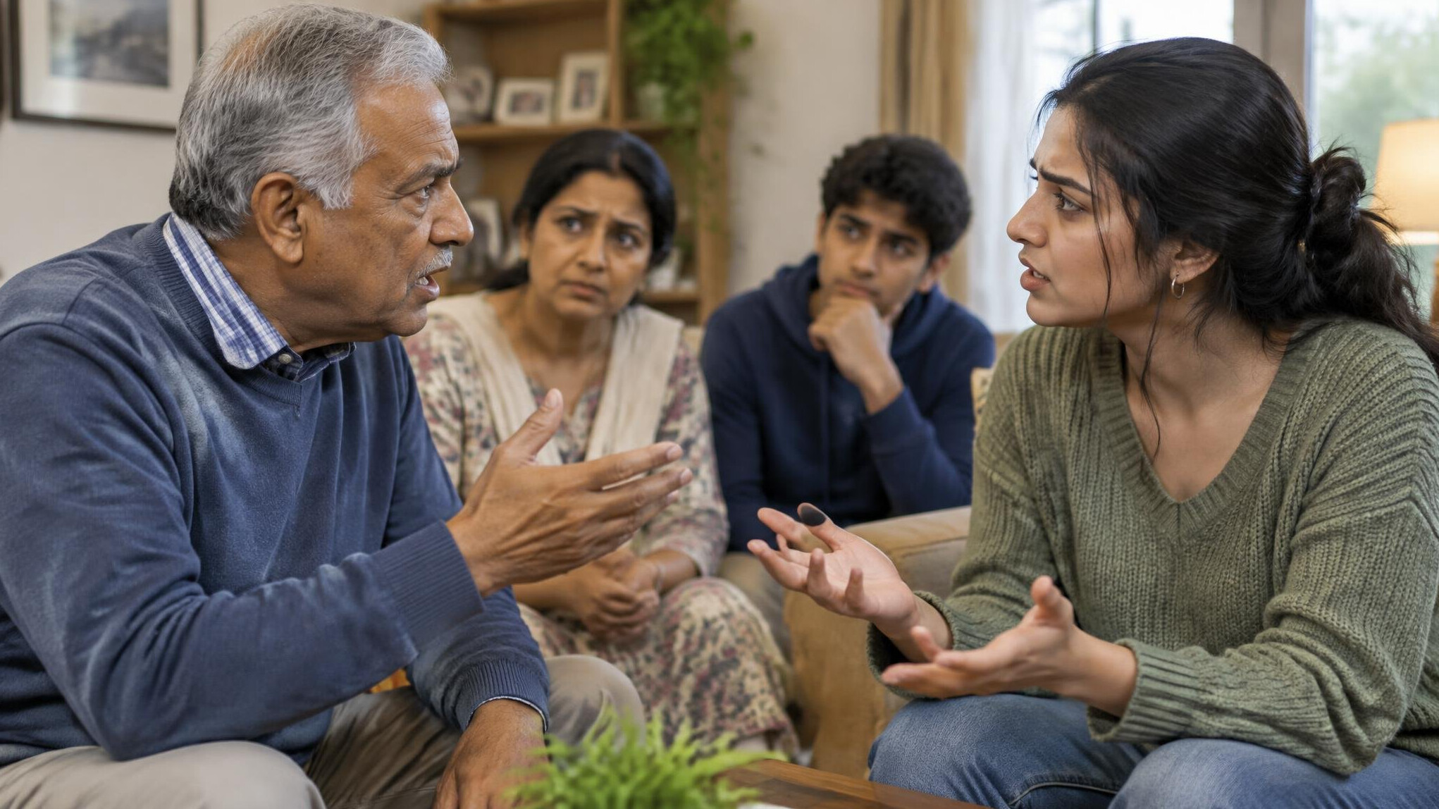 older man talking to young woman